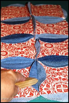 Part 2 denim cathedral window piullow Denim Ideas Diy, Cathedral Quilt Pattern, Cathedral Windows Quilt Pattern, Cathedral Window Pin Cushion Tutorial, Faux Cathedral Window Quilt, Easy Cathedral Window Quilt, Denim Cathedral Window Quilt, Denim Triangle Quilt, Cathedral Quilt