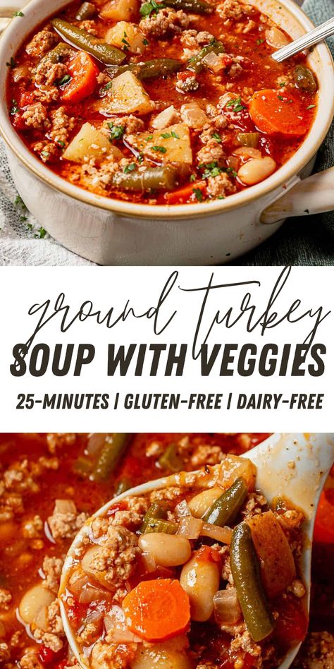 Soup season has arrived and we couldn't be happier about it. This hearty ground turkey soup is made with simple ingredients and packed with lean protein, fiber, and delicious veggies. It's a cozy, flavorful soup the whole family will love. Ground Turkey Soups And Stews, Vegetable Turkey Soup, Veggie Packed Soup, Crockpot Soups Ground Turkey, Protein Veggie Soup, Veggie Packed Recipes, Soup Recipes Ground Turkey, Ground Turkey Soup Crockpot, Instapot Soups Healthy