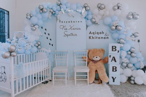 Backdrop Aqiqah Simple, Aqeeqah Decoration, Aqiqah Decoration Simple, Akikah Decoration, Decor Aqiqah Baby Boy, Backdrop Aqiqah, Decor Aqiqah, Aqiqah Decoration, Gold Wedding Reception Tables