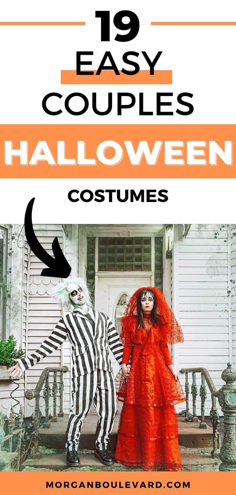 man and woman standing next to each other Beetlejuice Costumes Couple, Bettle Juice Couple Costumes, Beatle Juice Couple Costumes, Beetle Juice Costume Couple, Beetlejuice Costume Male, Beetlejuice Couples Costume, Beetle Juice Couple Costume, Beetlejuice Characters Costumes, Beetlejuice Costume Couple