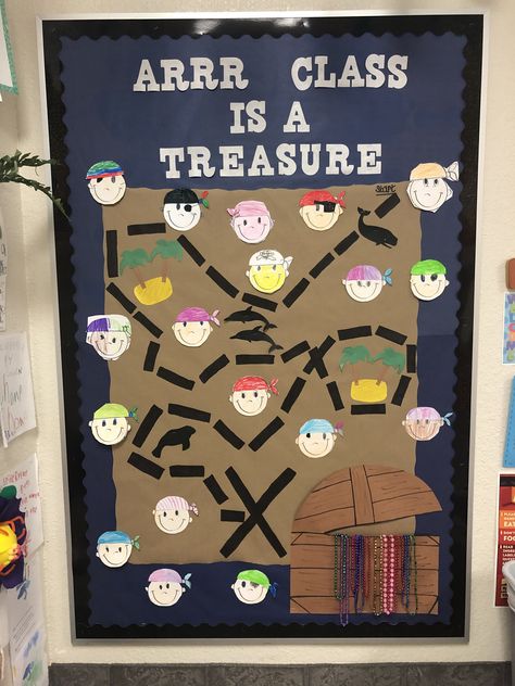 Pirate Door Classroom, Pirate Bulletin Board Ideas, Pirate Door Decorations Classroom, Pirates Classroom Decorations, Pirates Classroom Theme, Treasure Island Classroom Theme, Pirates Of The Caribbean Classroom Theme, Pirate Display Ks1, Pirate Classroom Transformation