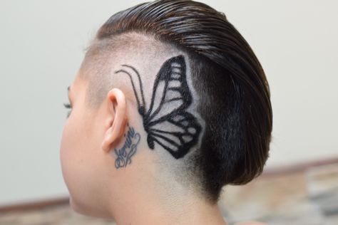 Butterfly hair design Shave Designs, Hair Tattoo Designs, Undercut Hair Designs, Butterfly Hairstyle, Short Hair Designs, Undercut Designs, Undercut Long Hair, Butterfly Haircut, Shaved Hair Designs