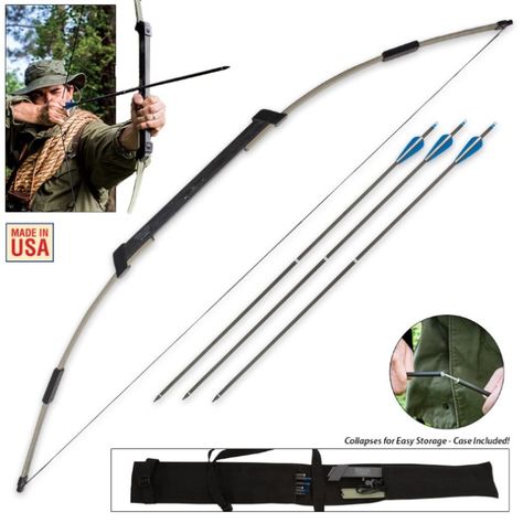 Nomad Compact Take-Down Survival Bow And Arrow | BUDK.com - Knives & Swords At The Lowest Prices! Survival Bow, Survival Preparedness, Archery Tips, Zombie Apocolypse, Camping Gear Survival, Camp Gear, Bow And Arrow Set, Survival Stuff, Outdoor Gadgets