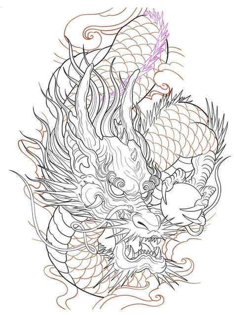 Back Tattoo Japanese Style, Back Tattoo Japanese, Japanese Dragon Tattoo Designs, Dragon Tattoo Outline, Dragon Head Drawing, Dragon Tattoo Stencil, Chinese Dragon Art, Tattoo Japanese Style, Japanese Flower Tattoo