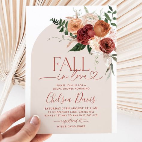 Fall In Love Floral Bridal Shower Arch Invitation Falling In Love Wedding Shower Ideas, Wedding Shower Boho Theme, Bridal Shower Fall Ideas, Fall In Love Bridal Shower Backdrop, Fall In Love Theme Bridal Showers, Falling In Love Theme Bridal Showers, Fall Floral Bridal Shower Ideas, Bridal Shower Themes October, Fall In Love Bridal Shower Invitations