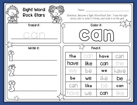 Become a Sight Word Rock Star with this free printable! A great way to practice the sight word CAN. This worksheet is just one of many available in the editable Super Sight Word Kit Printable Pack by Little Playful Learners. Also includes a link to a sight word practice video! Sight Word Worksheets Free, Sigh Words, Teachers Pay Teachers Freebies, The Sight Word, Rainbow Writing, Teacher Freebies, Spelling Lists, Sight Word Worksheets, Sight Words Kindergarten