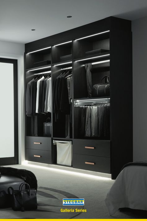 Walk In Wardrobe Black, Black Wardrobe Design, Wardrobe With Lights, Walking Closet, Dream Closet Design, Walk In Closet Design, Closet Design Layout, Wardrobe Door Designs, Luxury Closets Design