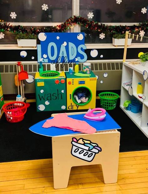 Cleaning Dramatic Play Center, Housekeeping Preschool Ideas, Diy Cardboard Washer And Dryer, Dramatic Play Tool Shop, Beginning Of The Year Dramatic Play, Simple Dramatic Play Ideas, Prop Box Ideas Dramatic Play, House Dramatic Play Ideas, Clothing Study Dramatic Play