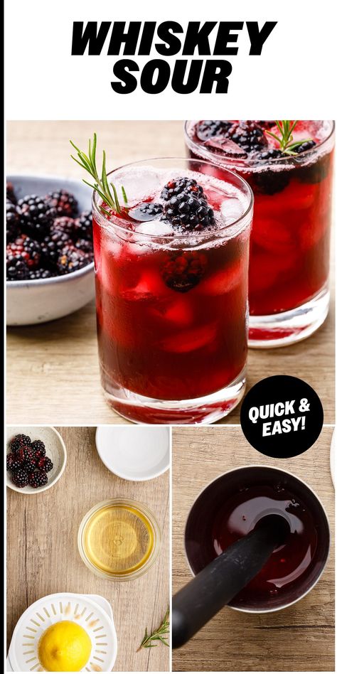 Blackberry Whiskey Sour Cocktail - Nurtured Homes Crown Royal Recipes, Blackberry Yogurt, Blackberry Whiskey, Whiskey Sour Cocktail, Whiskey Sour Recipe, Cilantro Recipes, Lime Quinoa, Blackberry Syrup, Rosemary Simple Syrup