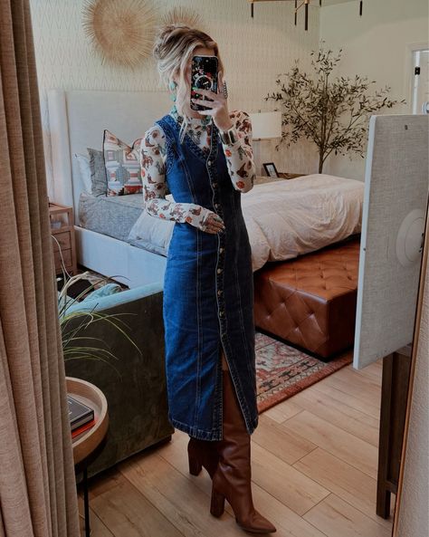 Denim V-Neck Midi Dress curated on LTK Denim Dress And Cardigan Outfit, Midi Jean Dress Outfit, Cowboy Boots Outfit Modest, Overall Jean Dress Outfit, Denim Dress With Cowgirl Boots, Modest Western Dresses, Winter Denim Dress Outfit, Denim Vest Dress Outfit, Western Boot Outfits Women