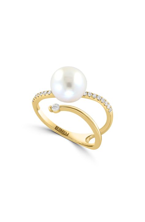 EFFY 14K Yellow Gold Diamond & Freshwater Pearl Open Ring - 0.22 ctw | Nordstromrack Pearl Diamond Ring, Ring Inspo, Pearl Cuff, Pearl And Diamond Ring, Band Design, Dope Jewelry, Mode Casual, Custom Ring, Effy Jewelry