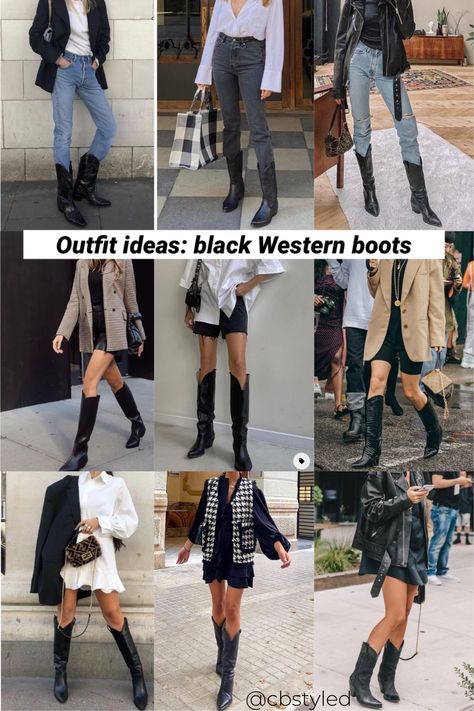 Summer Looks With Boots, Black Cowboots Outfits, Black Cowboys Boots Outfit, Fall Western Boot Outfit, How To Style Black Cowgirl Boots, Western Boots Outfit 2023, Western Boots Women Outfits, Looks With Cowboy Boots, Black Boots Outfit 2023