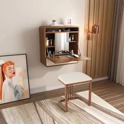 Walnut Makeup Vanity and Cushioned Stool Set Wall Mounted Vanity Table & Movable Mirror Movable Mirror, Makeup Nook, Small Bedroom Vanity, Wall Mounted Dressing Table, Wall Mounted Makeup Vanity, Makeup Vanity With Drawers, Mirrored Bedroom Furniture, Vanity Bedroom, Elegant Vanity