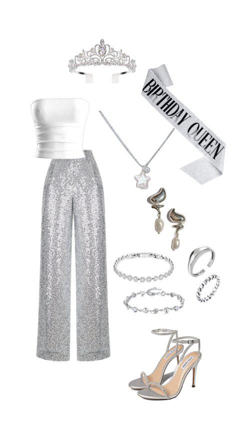 Disco Birthday Outfit Ideas, Disco Bday Party Outfits, Birthday Outfit Fancy, Disco Silver Party, Birthday Outfit Themes, Silver Disco Outfit, Birthday Party Ideas Disco, Winter Bday Party Ideas, Birthday Giveaway Ideas