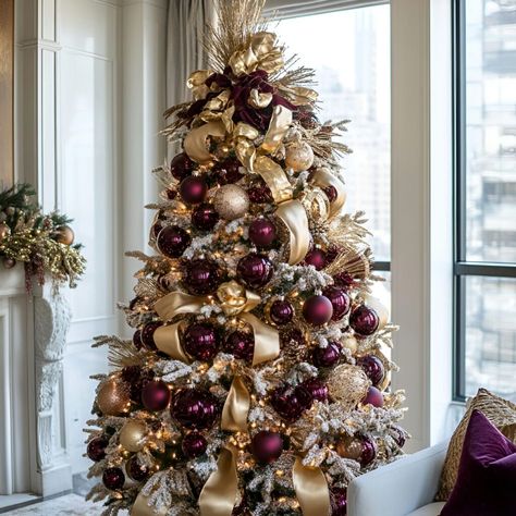 Transform your holiday tree with rich burgundy tones paired with gold elements. This sophisticated style offers warmth and luxury. Burgundy And Champagne Christmas Tree, Gold And Burgundy Christmas Tree, Rose Gold And Burgundy Christmas Tree, Maroon Christmas Tree, Burgundy And Gold Christmas Tree, Burgundy And Gold Christmas, Burgundy Christmas Tree, Champagne Christmas Tree, Red And Gold Christmas Tree