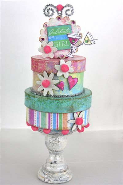 Paper mache boxes all decked out with scrapbook paper on a candlestick?  love it! Decorated Paper, Gift Box Cakes, Colorful Gift Wrapping, Paper Mache Boxes, Altered Boxes, Paper Cake, Pretty Box, Wrapping Ideas, Paper Projects