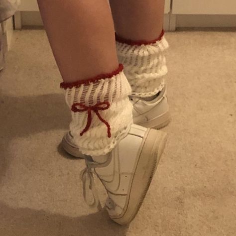 Coquette cream and red leg warmers 🎀https://depop.app.link/RWRDRVrK4vb Seoul Outfits, Red Leg Warmers, Crochet Leg Warmers Free Pattern, Leg Warmers Knitting Pattern, Coquette Outfit Ideas, Dark Red Colour, Knitted Leg Warmers, Bow Legged, Coquette Outfit