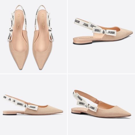 The J'Adior slingback ballerina flat is a prime example of Dior's savoir-faire. Crafted in the Italian Christian Dior ateliers, the silhouette is presented in nude technical fabric The two-tone embroidered 'J'Adior' ribbon is embellished with a flat bow, a signature detail in Maria Grazia Chiuri's shoe collections. Dior Slingback Flats, Dior Ballerina Flats, Shoes Expensive, Outfit Flats, Shoes Pics, Dior Slingback, Dior Flats, Kitten Heel Shoes, Classy Shoes