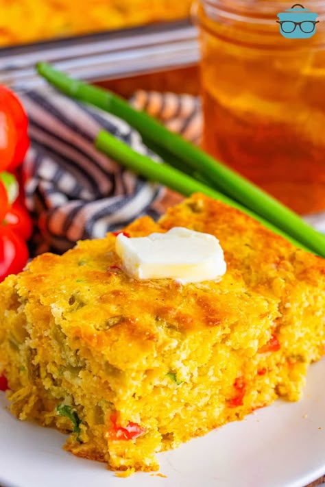 A small plate with a large piece of Mexican Cornbread. Mexican Style Cornbread, Award Winning Cornbread Recipe, Vegetable Cornbread, Mexican Cornbread With Jiffy, Mexican Cornbread With Ground Beef, Pioneer Woman Corn Bread, Sweet Mexican Cornbread, Cheesy Mexican Cornbread, Fall Cornbread