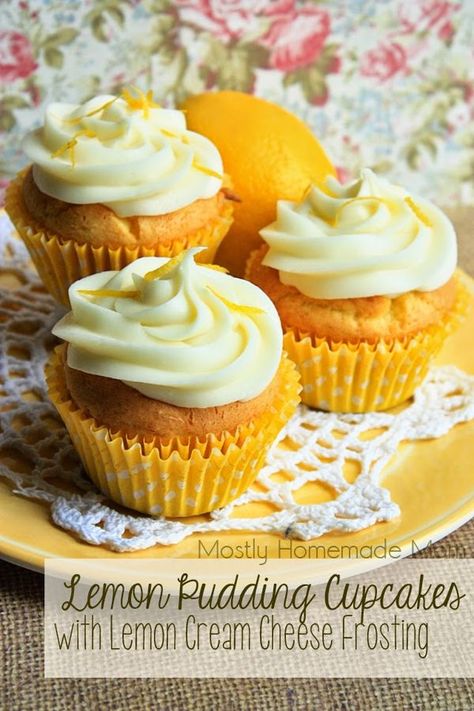 Lemon Pudding Cupcakes with Lemon Cream Cheese Frosting - Luscious lemon pudding and a simple cake mix combine for these delicious and easy, lemony cupcakes! Cake Mix And Pudding, Pudding Icing, Spiderweb Cupcakes, Stuffed Cupcakes, Cupcakes Lemon, Cookie Dough Cupcakes, Pudding Cupcakes, Frosting Cupcakes, Lemon Cream Cheese Frosting