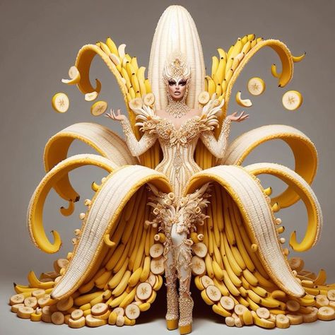 Surreal Costume Ideas, Surrealism Costume Ideas, Creepy Fashion, Creative Costume, Surrealist Party Costume, Fashion Inspired By Sea Creatures, Carribean Carnival Costumes, Banana Dress, Insect Inspired Fashion Haute Couture