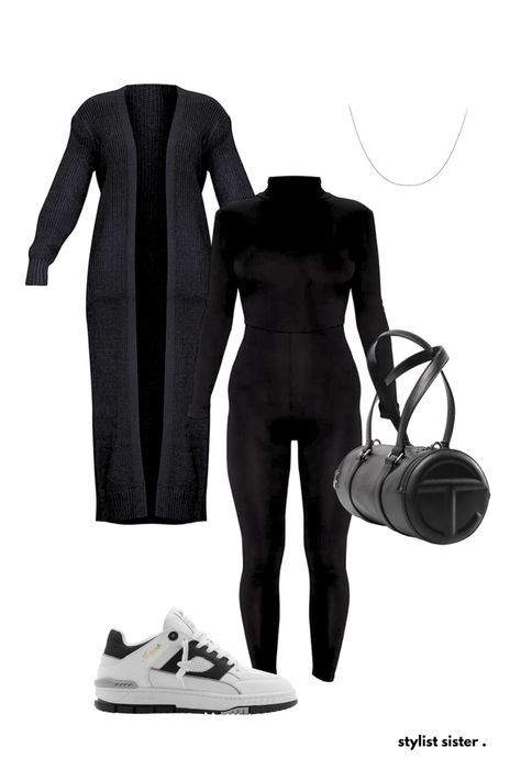 all black casual outfit | black jumpsuit | black maxi cardigan | telfar duffle | white gold chain All Black Casual Outfit, Telfar Duffle, Black Casual Outfit, White Gold Chain, Maxi Cardigan, Outfit Black, White Gold Chains, Jumpsuit Black, Black Maxi