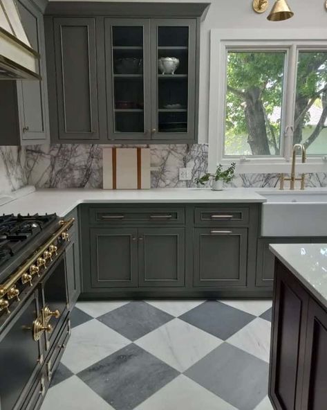 Where to use the checkerboard floor trend in your home - Farmhousehub Checkerboard Kitchen Floor Tile, Green Cabinets Black And White Floor, Modern Checkered Floor Kitchen, Black And White Checked Kitchen Floor, Checkered Floor Game Room, Kitchen Checked Floor, Kitchen Tile Floors Ideas, Kitchens With Checkerboard Floors, Green Kitchen Cabinets Checkered Floor