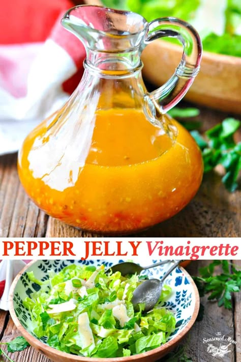 Store-bought bottled salad dressing doesn't stand a chance! The most flavorful sweet, tangy and spicy Pepper Jelly Vinaigrette is ready with just 5 simple ingredients in less than 5 minutes. The homemade vinaigrette is an easy way to transform your weeknight salad! Pepper Jelly Salad Dressing Recipe, Pepper Jelly Salad Dressing, Pepper Jelly Dressing Recipe, Pepper Jelly Vinaigrette Dressing, Unique Salad Dressing Recipes, Sweet Salad Dressing Recipes, Sweet Vinaigrette Dressing, Weeknight Salad, Spicy Salad Dressing