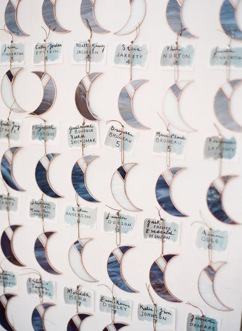 Stained Glass moons as wedding escort cards for desert wedding in Joshua Tree. Stained Glass Wedding Favors, Celestial Wedding Theme, Glamping Weddings, Starry Night Wedding, Moon Wedding, Embellished Fashion, Celestial Wedding, Summer Styling, Rustic Wedding Centerpieces