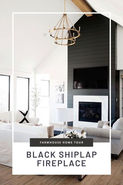 Black shiplap fireplace Fireplace With Black Wall, Dark Fireplace Wall Paint, Black Farmhouse Fireplace, Painting Wood Fireplace, Iron Ore Sherwin Williams Fireplace Wall, Black Wall Above Fireplace, Black Shiplap Accent Wall Living Room, Tall Fireplace Wall High Ceilings Diy, Black Fireplace Shiplap