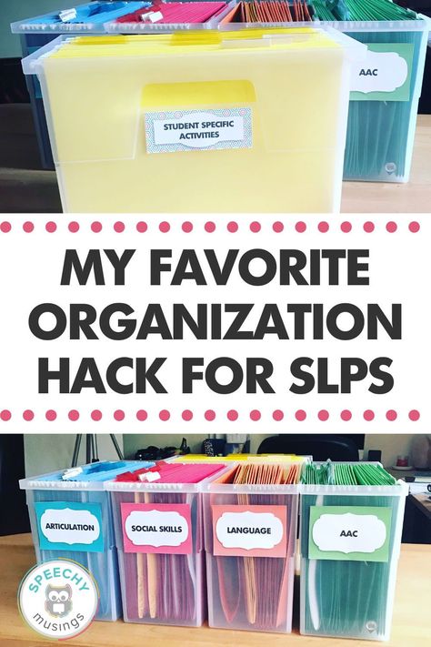 Are you looking for a simple way to organize all your speech and language therapy resources? My favorite way SLP organization tip is to use file bins to store all your speech and language therapy activities and resources. This simple to use organization system allows you to keep all your favorite speech and language therapy activities organized and easily accessible. Learn how I use them and grab free labels to help you organize your speech therapy activities here. Speech Organization Ideas, Speech Therapy Classroom Setup, Desk Organization Slp, Speech Therapy Room Organization, Slp Organization Speech Room, Small Speech Therapy Room Setup, Speech Therapy Organization Ideas, Speech Therapy Room Ideas, Speech Room Organization