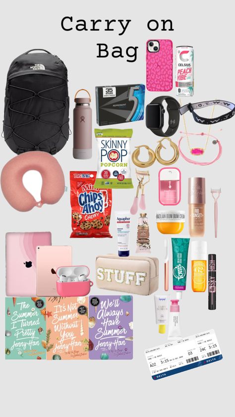 #airport#carryon#personalitem#preppy#basicwhitegirl#vibes#bag#northface#watch#phone#celcius#puravida#makeup#snacks#book Carry On Bag, Carry On, Snacks, Energy, Makeup, Make Up