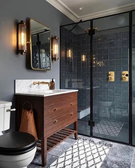 Modern Southern Gothic, Shades Of Blue Bathroom, Toilet Lamp, Walk In Shower With Bench, Small Bathroom Tile Ideas, Dream Flat, Bar Toilet, Small Bathroom Tiles, Small Bathroom With Shower