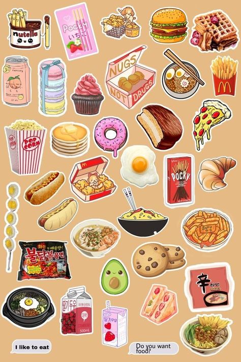 Cute Food Stickers Printable Aesthetic, Cute Food Stickers Printable, Aesthetic Food Stickers, Food Stickers Aesthetic, Homemade Sticker Ideas, Food Stickers Printable, Lunch Stickers, Sticker Design Ideas, Sticker Food