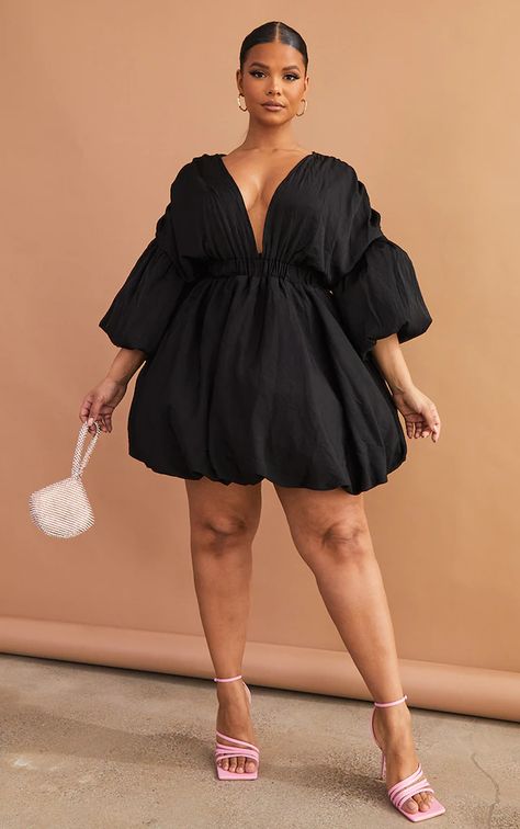 Plus Size Dresses for Women | PrettyLittleThing USA Black Puff Dress, Black And Pink Outfit, Plus Size Heels, Summer Dresses Plus Size, Black Heels Outfit, Black Puff Sleeve Dress, Plus Size Black Dresses, Below The Knee Dresses, Chic Dress Classy