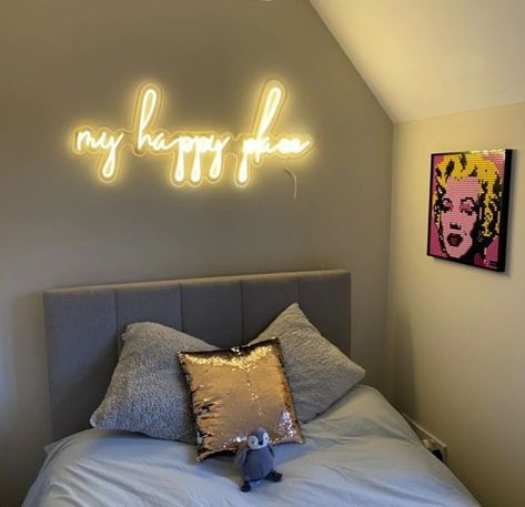 My Happy Place neon sign, follow the link and you can create your own custom neon sign for business, office, home bar, game room, bedroom decor. Neon Filter, Neon Logos, Bedroom Wall Decor Above Bed, Game Room Bedroom, Furniture Design Wooden, Neon Sign Bedroom, Bedroom Renovation, Bed Furniture Design, Above Bed