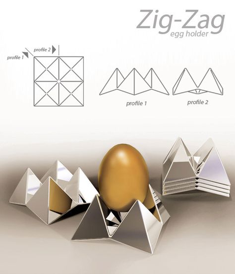 Zig-Zag egg holder by Nikola Krivokapic, via Behance is interesting.  I think the scale is a little off for my purpose, though -- I would want a smaller stand so the egg could perch above the pyramids. Egg Holder Design, Egg Holder Ideas, Eggs Holder, 3d Printing Toys, Silver Sculpture, Egg Packaging, Chocolate Packaging Design, Egg Stand, Vintage Egg Cups