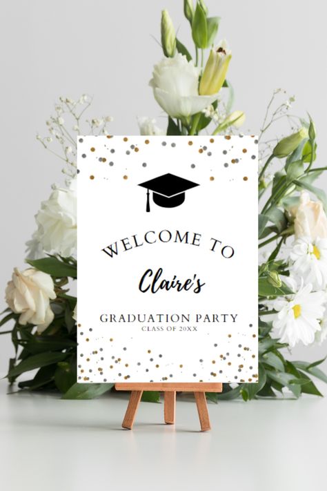 Welcome your family and guests to your graduation party with this editable welcome sign. This template which features a gold and silver glitter design is sure to impress everyone as they approach the venue. Edit your template with Canva, a free online editor which does not require any software to be installed. Welcome Board For Graduation, Grad Welcome Sign, Graduation Party Welcome Sign Entrance, Graduation Party Welcome Sign, Welcome Sign Gold Frame, Graduation Images, Graduation Party Signs, Graduation Party Diy, Graduation Backdrop