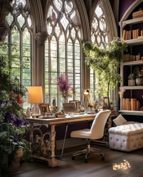 Cottage Core Library, Gothic Plants, Room With Bookshelves, Home Study Design, Dream Home Library, Dark Academia Home, Relax House, Fairytale Houses, Dream House Aesthetic