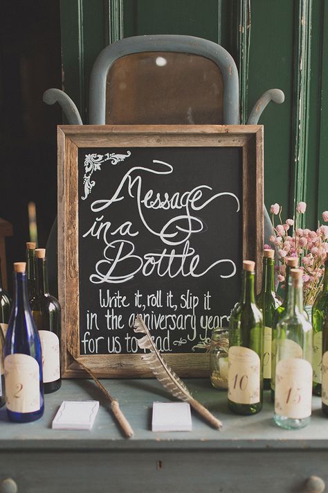 message in a bottle rustic wedding guest book | Jennifer Ling Photography | Glamour & Grace Message In A Bottle Wedding, Creative Wedding Guest Books, Vintage Barn Wedding, Anniversary Message, Wedding Guest Book Unique, Rustic Wedding Guest Book, Wedding Bottles, Card Table, Vintage Weddings