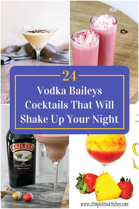 Collage of 4 vodka baileys cocktails. Mixed Drinks With Baileys, Baileys And Vodka Drinks, Baileys Recipes Drinks Cocktails, Coctails Recipes Baileys, Cocktail Recipes Baileys, Vanilla Vodka Recipes, Baileys Martini Vanilla Vodka, Baileys Cocktail, Baileys And Vodka