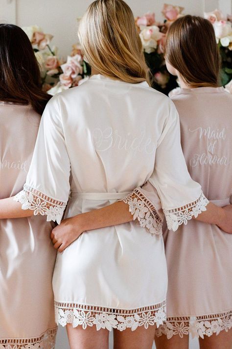 Pretty Robes, Modern Chic Wedding, Pink And White Weddings, Lace Bridal Robe, Embroidered Robes, Heirloom Wedding, Lace Bride, Bridal Party Robes, Wedding Robe