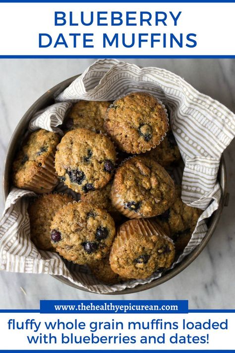 An overhead container of blueberry date muffins Date Muffins, Almond Muffins, Baby Meals, Healthy Blueberry Muffins, Dark Brown Sugar, Berry Muffins, Blueberry Oatmeal, Date Recipes, Healthy Sugar