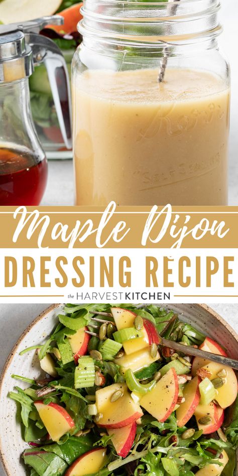 This homemade Maple Vinaigrette recipe is one of my favorite homemade salad dressing recipes to make.  It’s made with Braggs apple cider vinegar, pure maple syrup, Dijon mustard and olive oil. This maple dijon vinaigrette has a completely addictive flavor and its especially great with mixed greens or arugula tossed with fruit, nuts and cheese (goat or feta). Fall Salad Maple Vinaigrette, Easy Salad Vinaigrette, Cranberry Salad Dressing Vinaigrette, Maple Vinegar Dressing, Best Fall Salad Dressing, Cooking With Vinegar Recipes, Maple Syrup Vinaigrette Dressing, Apple Cider Dijon Mustard Vinaigrette, Maple Apple Cider Vinegar Dressing