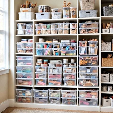 Arts Craft Storage, Sophisticated Craft Room, Cabinets For Craft Room, Craft Shelf Organization Ideas, Craft Rooms In Small Spaces, Craftroom Storage Ideas Shelves, Arts And Crafts Storage Ideas, Basement Craft Room Ideas, Craft Corner Ideas