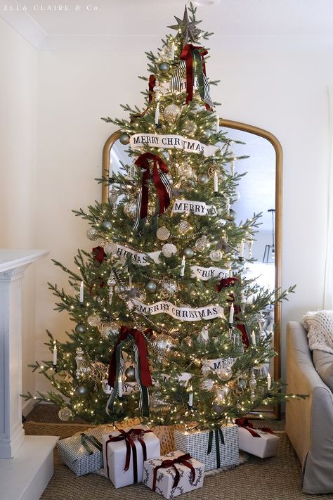 Neutral Red Christmas Tree, Red Ribbon Christmas Tree Ideas, Ribbon On Real Christmas Tree, Christmas Tree Wrapped In Ribbon, Christmas Tree With Red Bows, Red White And Green Christmas Tree, Red Christmas Tree Decorations Ideas, Christmas Tree Red Ribbon, Christmas Tree With Red Ribbon