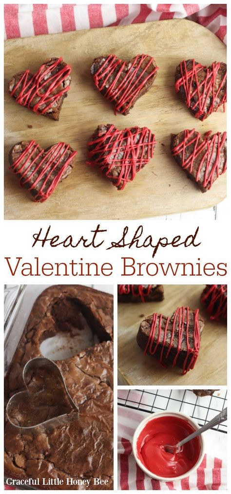 These heart shaped Valentine Brownies are made with a store-bought brownie mix, making them a quick and easy treat for all ages this Valentine's Day. Find the recipe on gracefullittlehoneybee.com #valentinesday #valentine #brownies #hearts Valentine's Day Desserts Easy, Valentines Day Desserts To Sell, Deserts For Valentines Day Ideas, Red Treats For Party, Valentine’s Day Baking Recipes, Chocolate Valentine Desserts, Valentine Dinner For Kids, Valentine’s Day Brownies, Valentine’s Treats