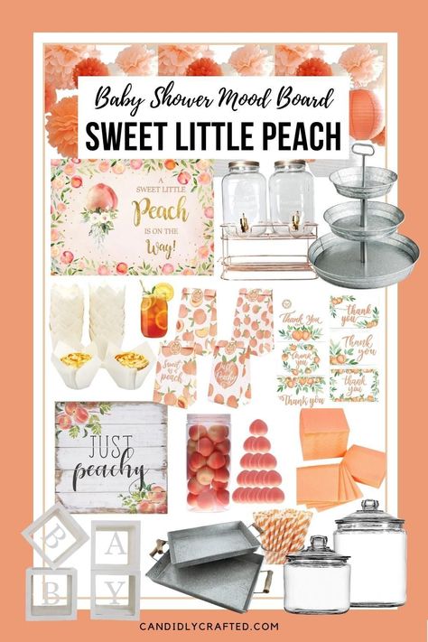 August Baby Shower Ideas Girl, Baby Shower Summer Ideas, Peach Theme Food Ideas, Summer Baby Shower Themes Girl, Summer Theme Baby Shower Ideas, Baby Shower Mood Board, Shower Mood Board, Summer Girl Baby Shower Ideas, Peach Baby Shower Theme