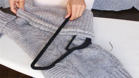 How To Fold Sweaters, Sweater Hangers, Hang Sweaters, Sweater Hanging, Simple Closet, Shirt Folding, Clothes Organization Diy, Organisation Hacks, How To Hang