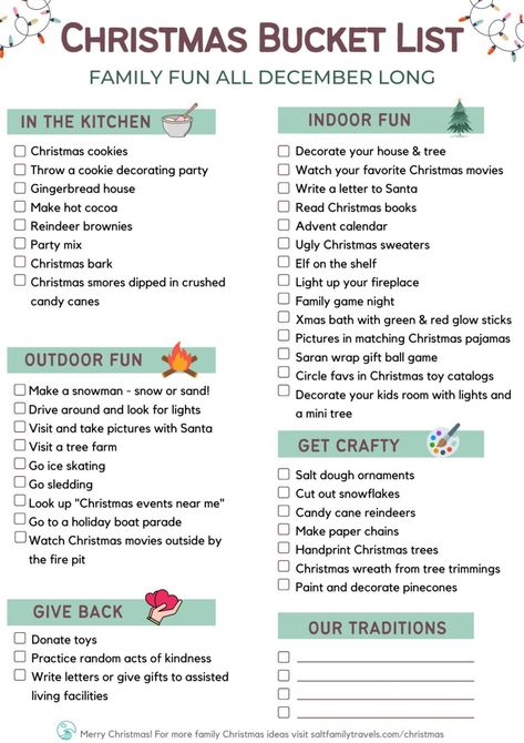 Christmas Bucket List - Fun All December Long (Free Printable) Christmas Bucket List For Friends, December Checklist Fun, Christmas Time Bucket List, Christian Christmas Bucket List, Xmas To Do List, Christmas To Do List Ideas, Christmas Fun List, Christmas Plans Ideas, To Do Christmas List